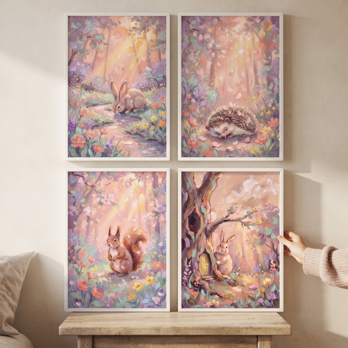 Textured golden forest animals wall art set of 4 featuring a bunny, hedgehog, and squirrel in a pastel woodland.