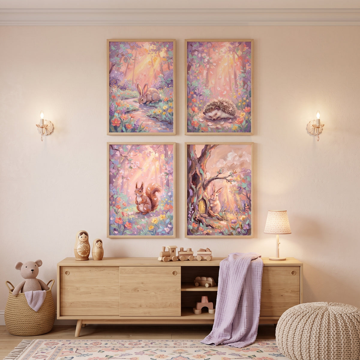 Textured Golden Forest Animals Wall Art Set of 4 - Soft Sunlit Woods
