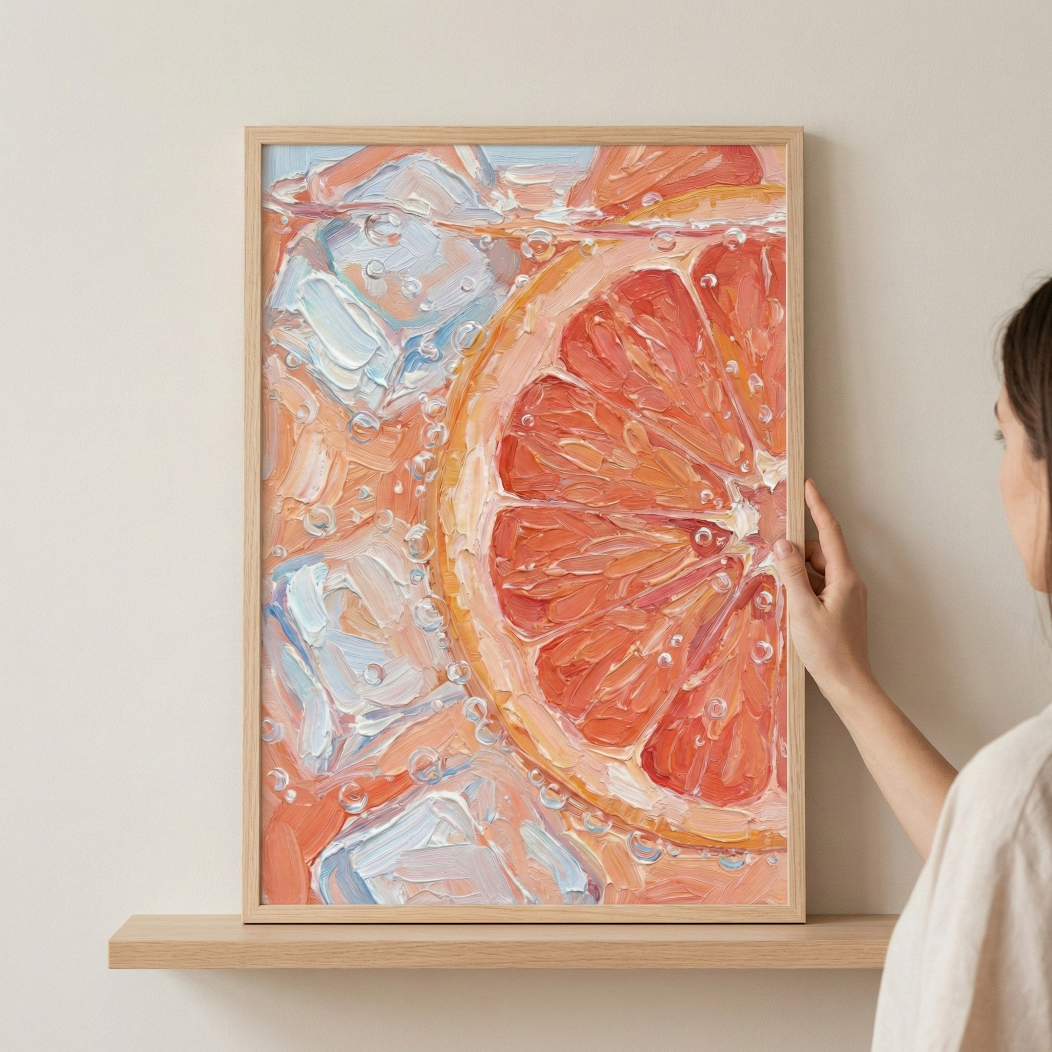 A vertical, textured artwork in a light wooden frame depicts a macro view of a pink citrus slice in a bubbly beverage with ice. The style features thick, layered application of color, giving it a three-dimensional quality. Warm coral and orange tones of the fruit contrast with the cool whites and pale blues of the ice cubes. Tiny white dots represent effervescent bubbles throughout. A person's hand adjusts the frame as it sits on a matching wooden shelf against a plain, neutral wall.