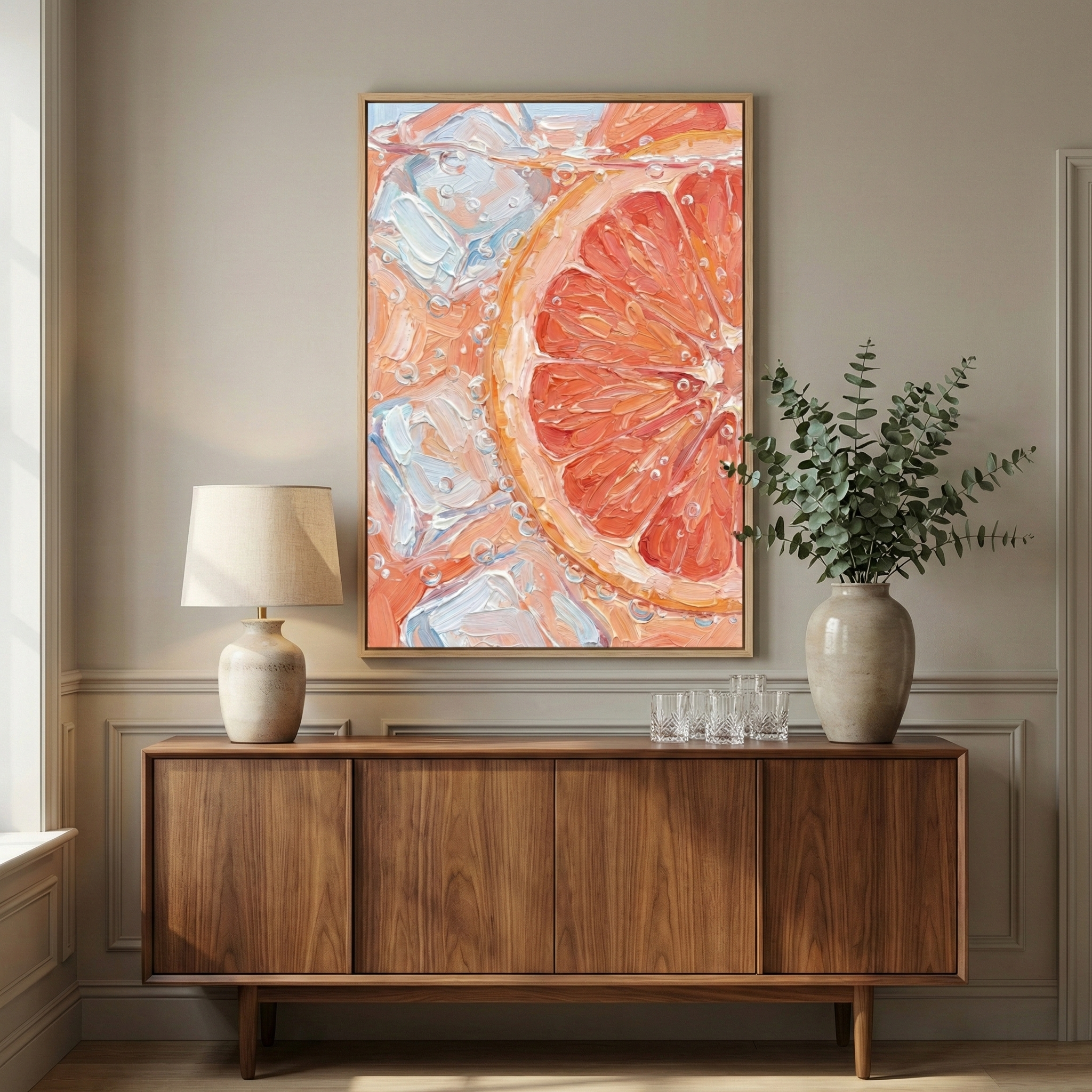 A wooden console table sits against a warm beige wall. On the left is a ceramic lamp with a light shade. To the right, clear glasses and a ceramic vase holding eucalyptus branches are displayed. Centered above is a large framed piece featuring a textured, close-up study of a citrus fruit slice with ice and bubbles in vibrant shades of orange and pale blue. Thick, expressive strokes define the composition, creating a sense of depth. Soft light from a window illuminates the scene.