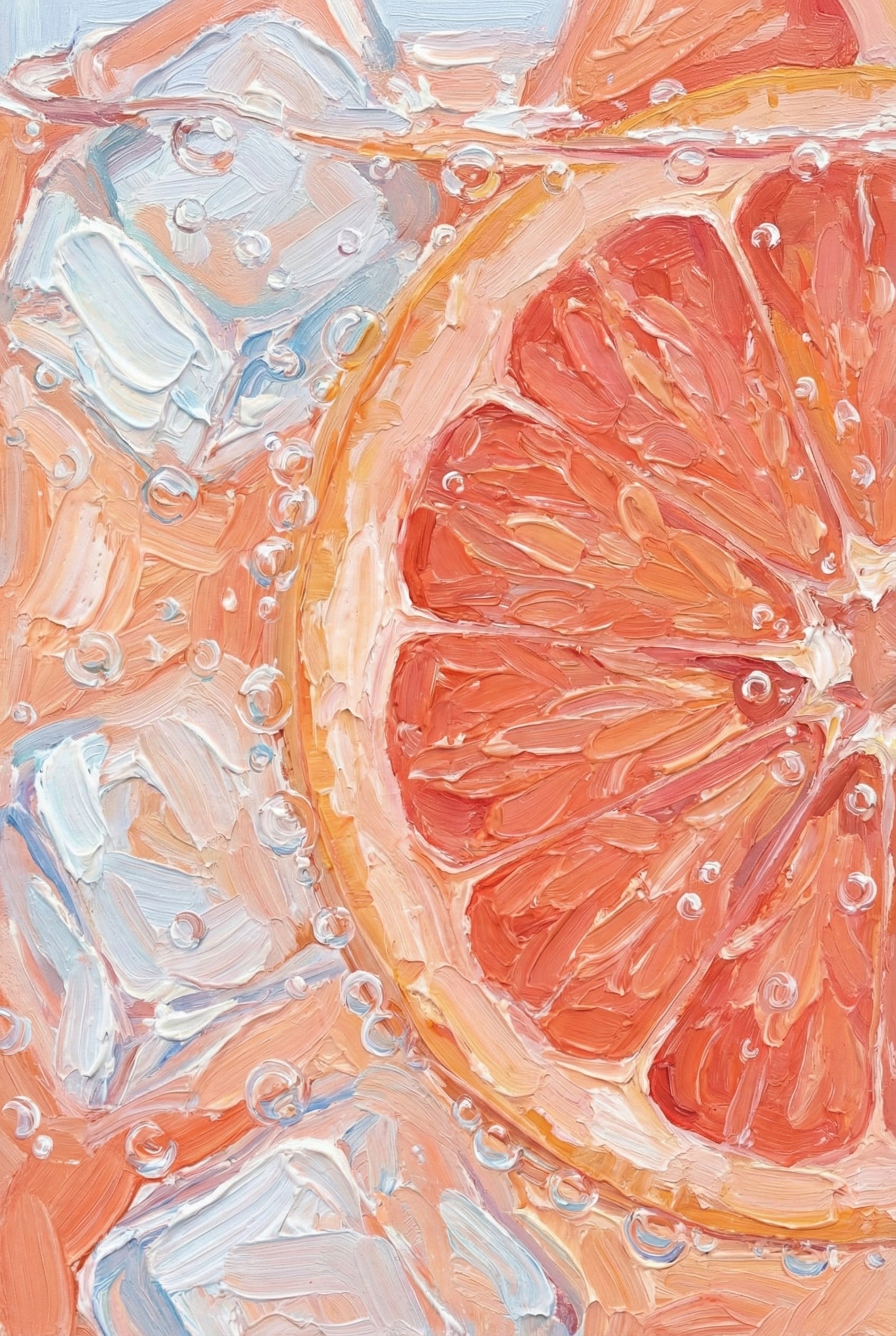 A vibrant and textured artwork showcasing a close-up of a citrus slice submerged in a carbonated liquid with ice cubes. The composition is defined by thick, layered strokes that bring a sense of three-dimensional depth to the fruit’s segments and the surrounding bubbles. A warm palette of coral, pink, and orange creates a sun-drenched feel, contrasted by the cool, pale blue and white tones of the ice and highlights. Tiny spheres represent bubbles, adding a sense of effervescence.