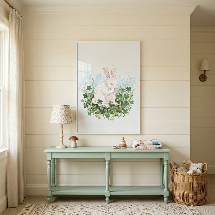 A cozy and well-lit nursery or playroom features light-colored horizontal wood-paneled walls. Centered on the main wall hangs a large, framed vertical art piece showing a white rabbit nestled among vibrant green clovers in a soft watercolor style. 