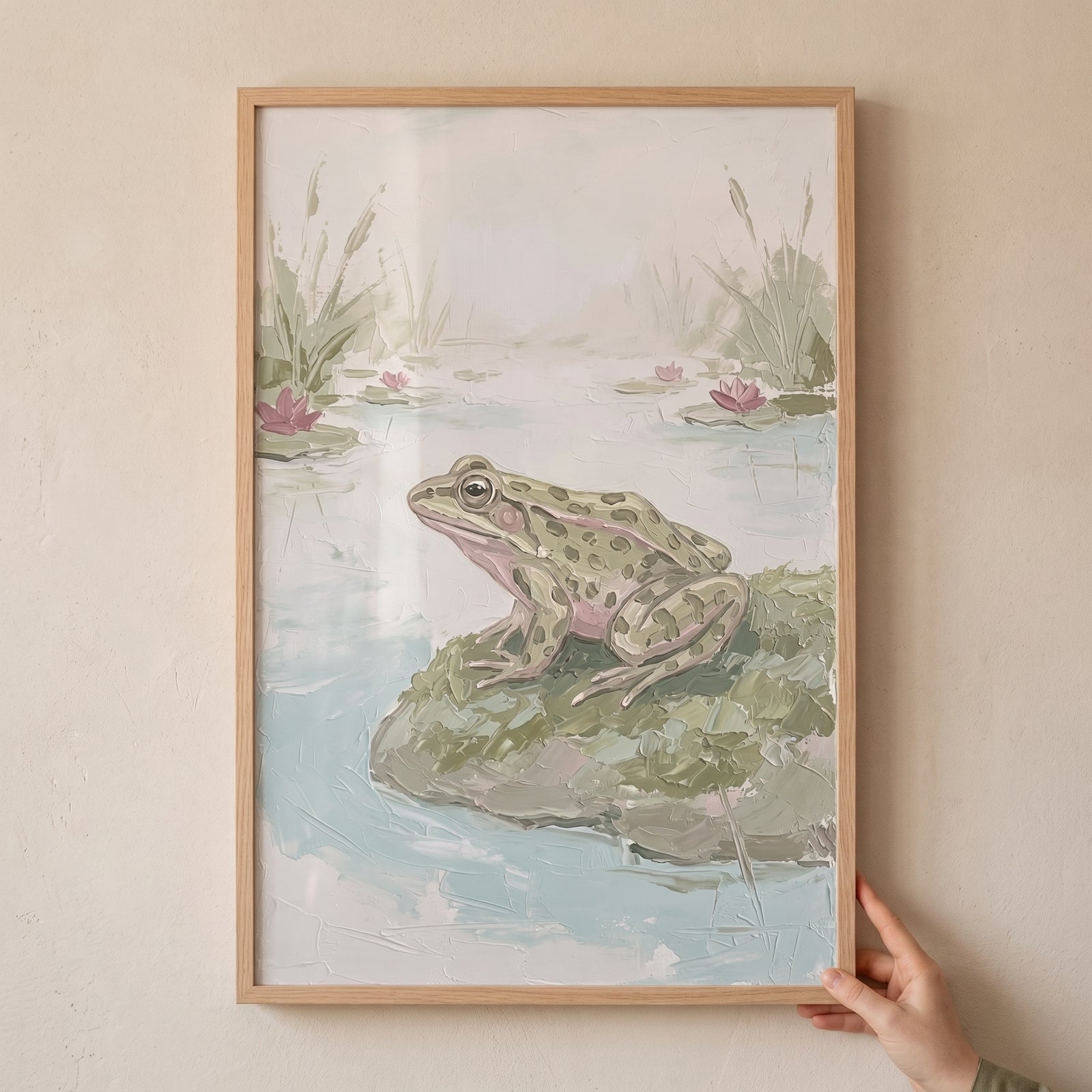 Textured green spotted frog wall art in a wood frame shows a frog on a mossy rock in a pond with pink lilies and reeds.
