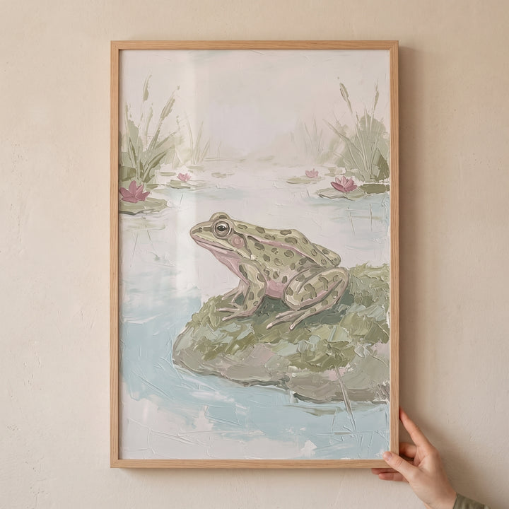 Textured green spotted frog wall art in a wood frame shows a frog on a mossy rock in a pond with pink lilies and reeds.