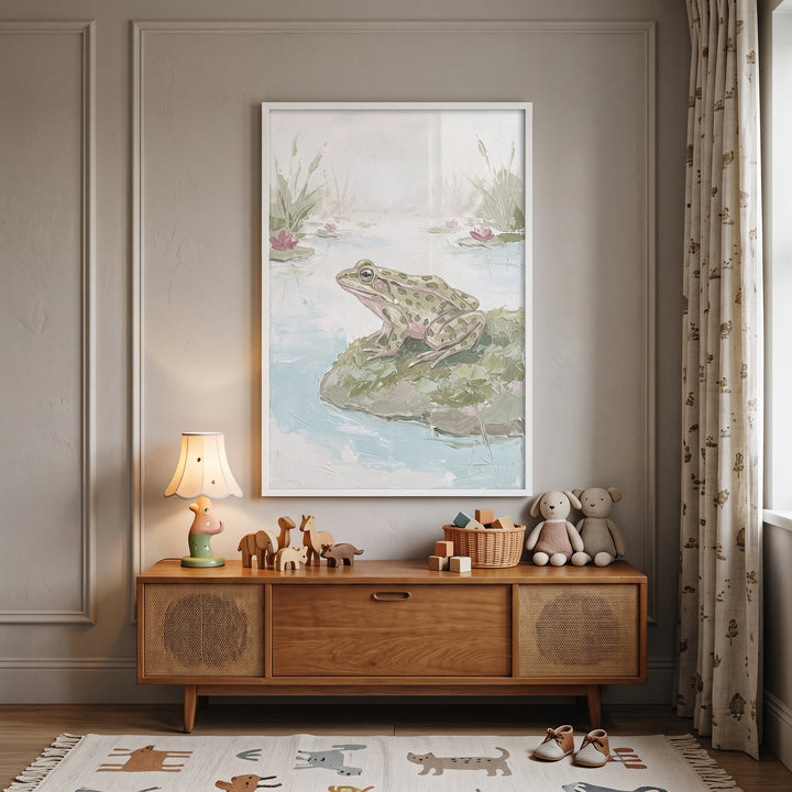 Textured green spotted frog wall art hangs above a wooden cabinet with toys and stuffed animals in a neutral nursery.