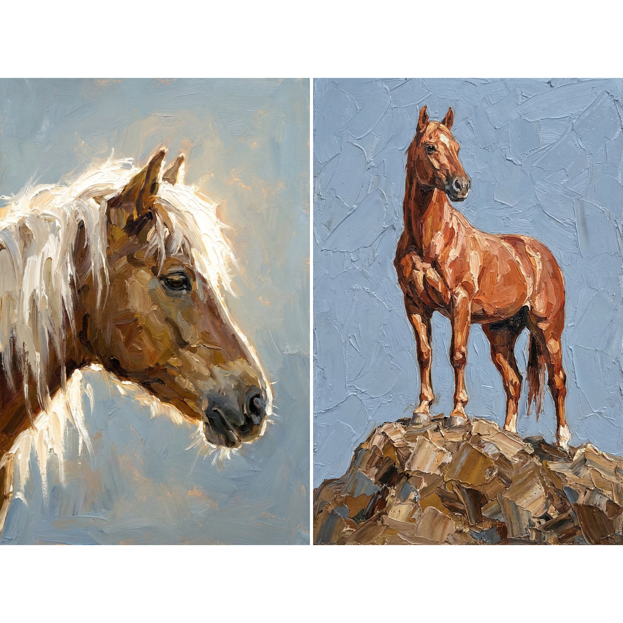 Textured Impasto Chestnut Horse Wall Art Set of 2 - Golden Mane Majesty