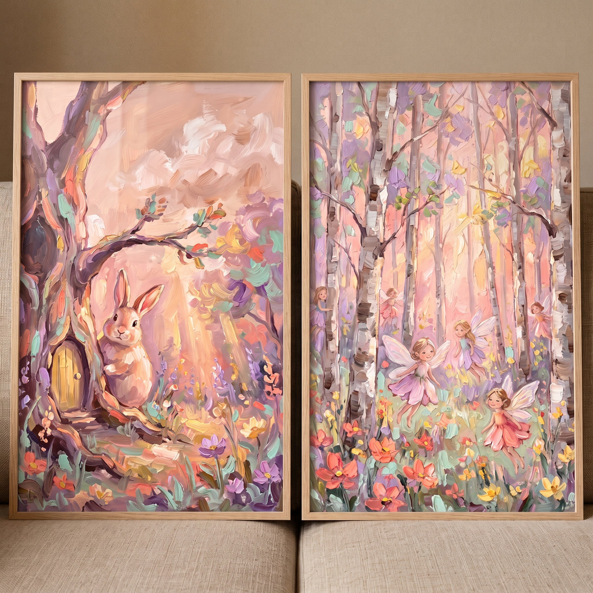 Textured impasto enchanted woodland wall art set of 2 featuring a rabbit by a tree door and fairies in a birch forest.