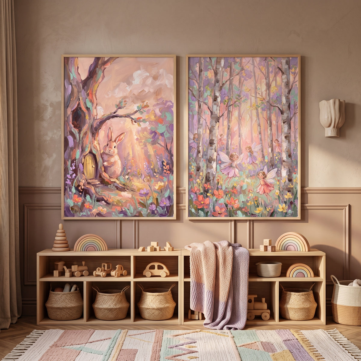 Textured Impasto Enchanted Woodland Wall Art Set of 2 - Whimsical Fairy Forest