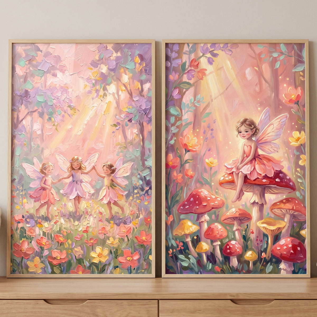 Textured impasto forest fairy wall art set of 2 features fairies dancing in a meadow and sitting on a large mushroom.