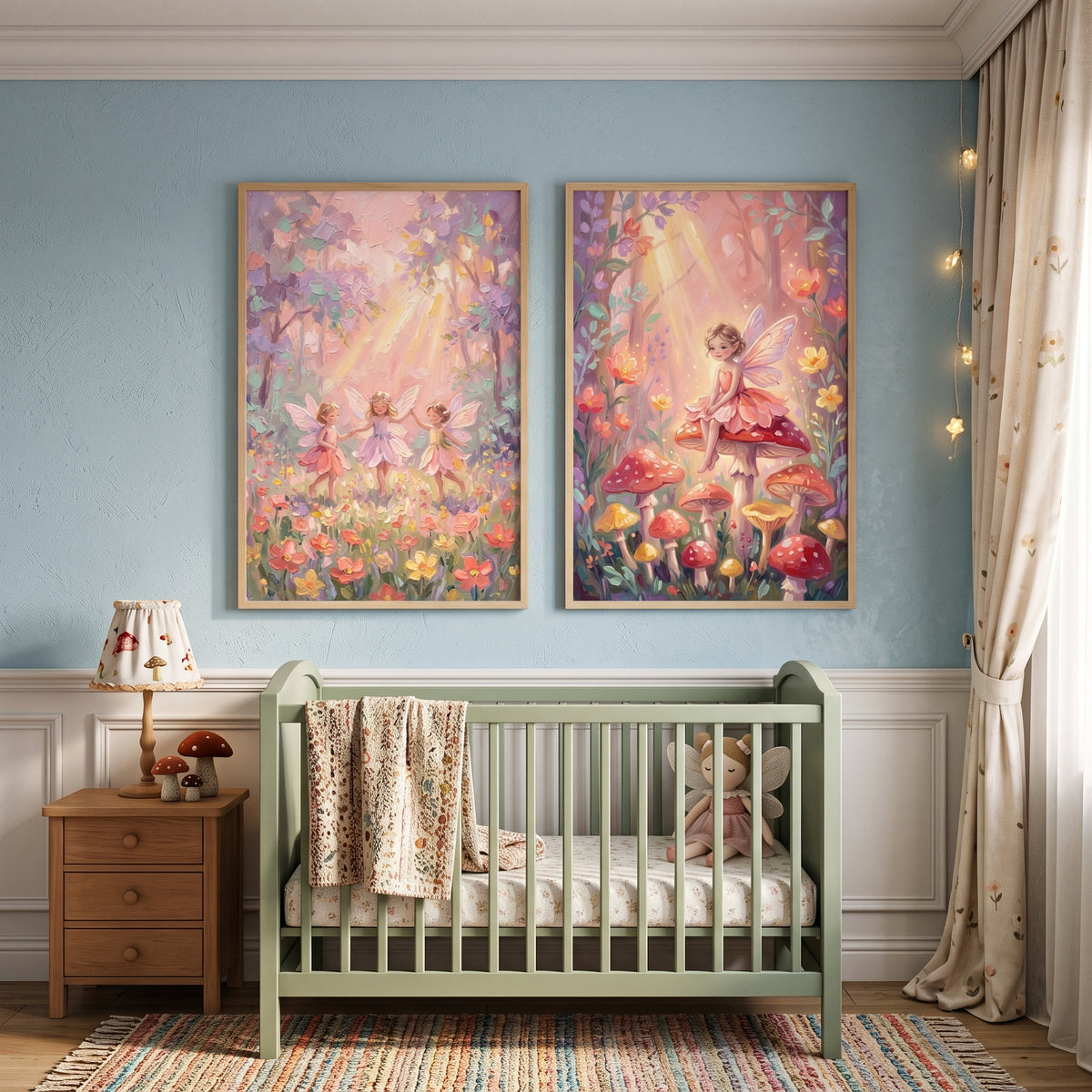 Textured Impasto Forest Fairy Wall Art Set of 2 - Sunlit Forest Sprites