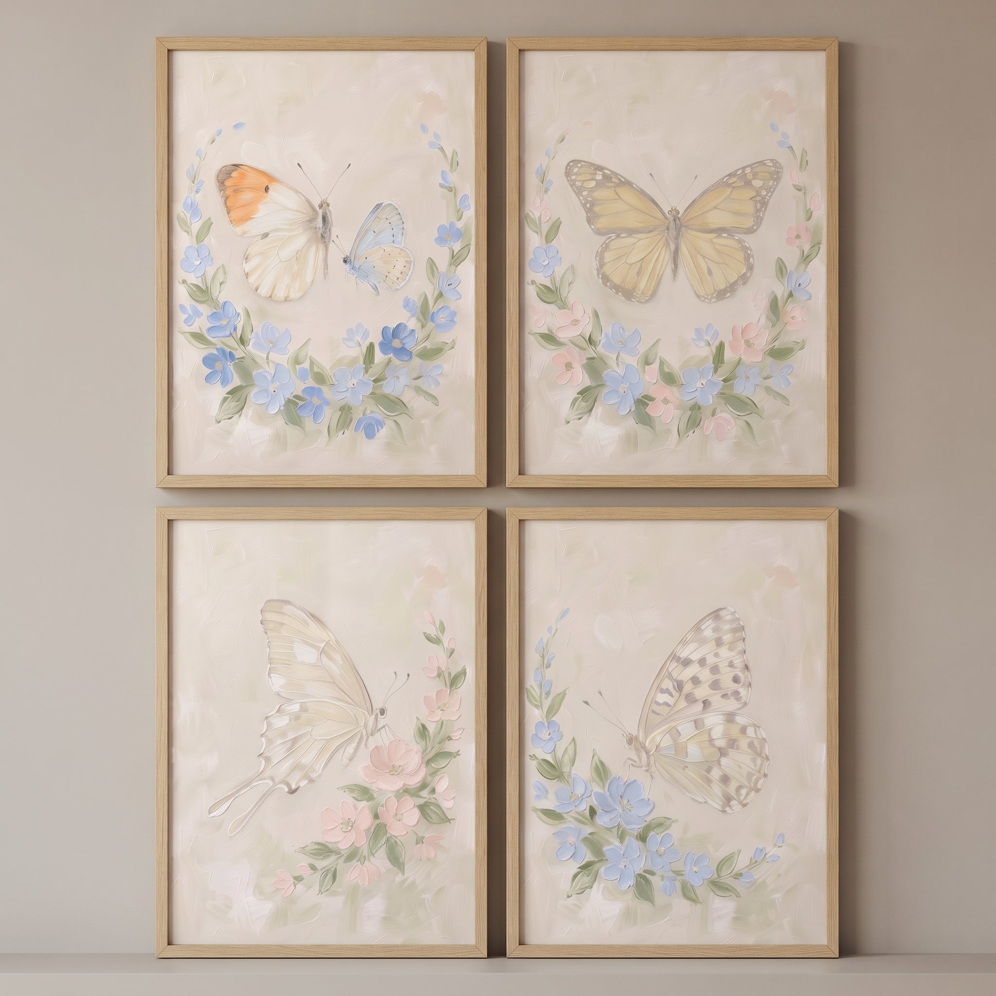Textured Impasto Garden Butterfly Print Set of 4 - Pastel Butterfly Garden