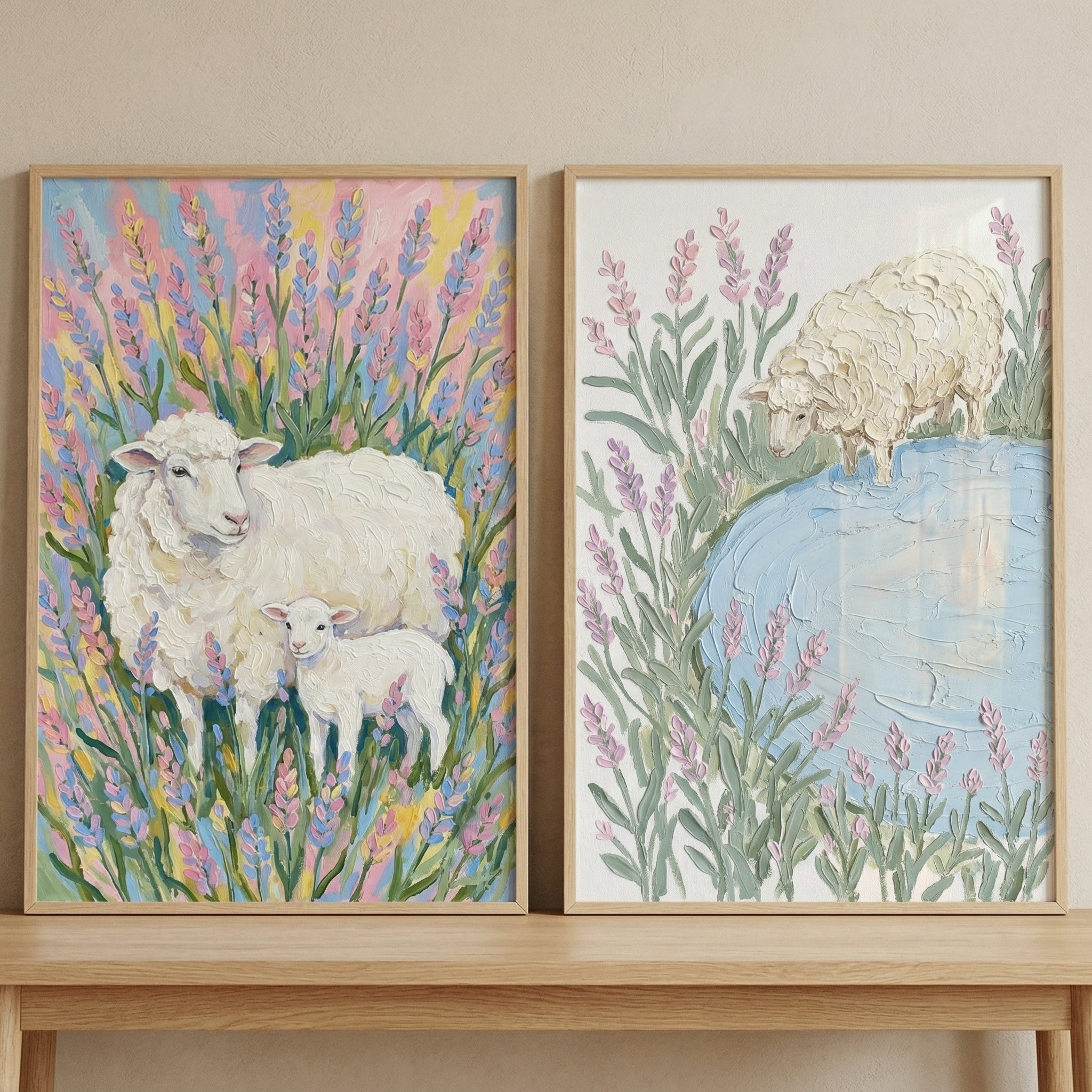 Textured Impasto Lavender Sheep Wall Art Set of 2 - Lavender Meadow Flock