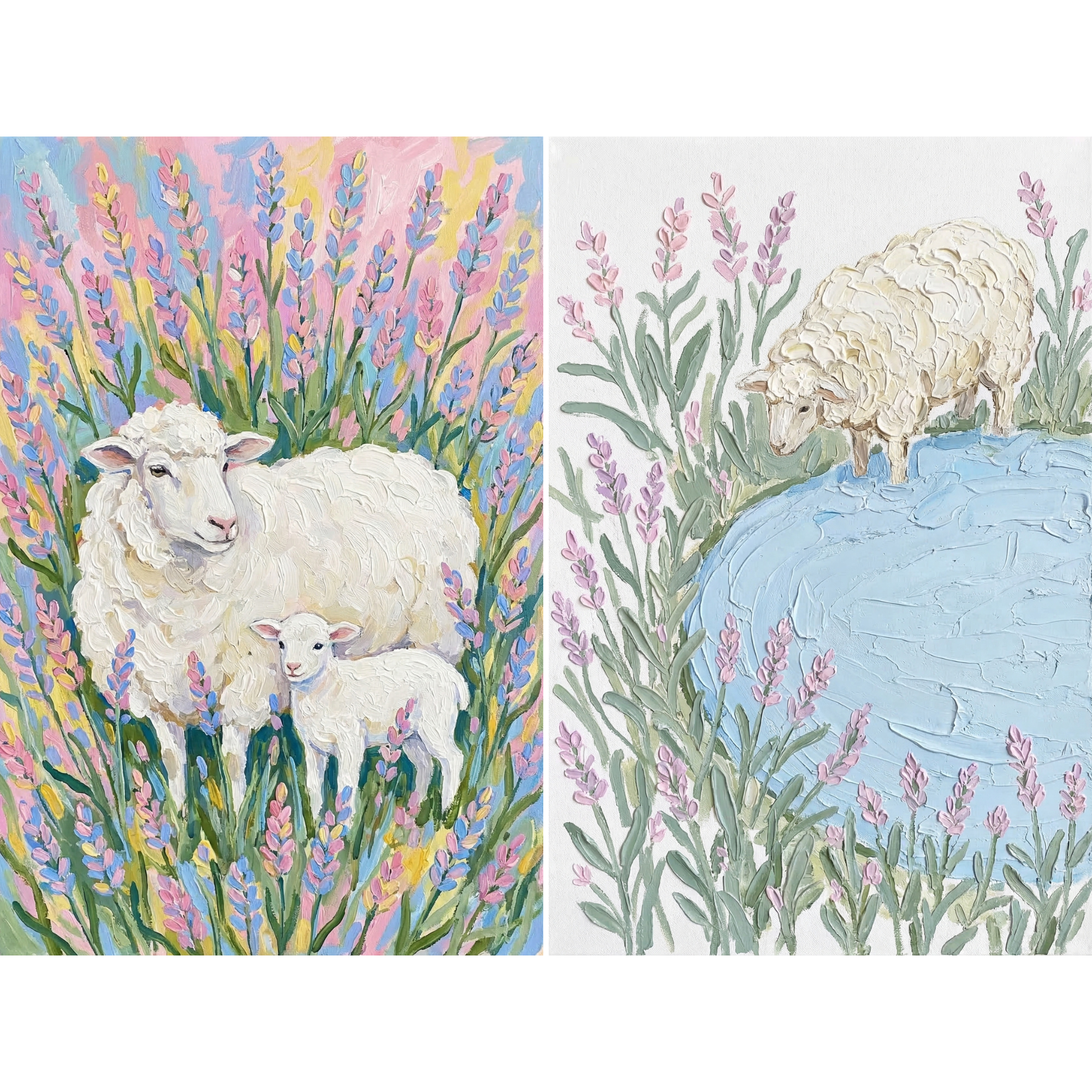 Textured Impasto Lavender Sheep Wall Art Set of 2 - Lavender Meadow Flock