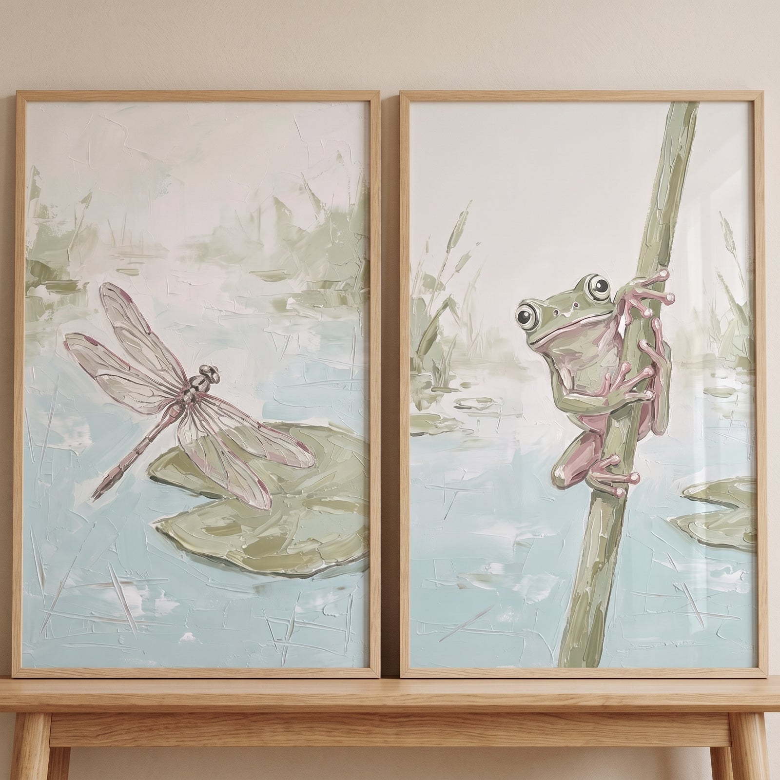 Textured impasto pond animals wall art set of 2 featuring a dragonfly on a lily pad and a frog climbing a reed.
