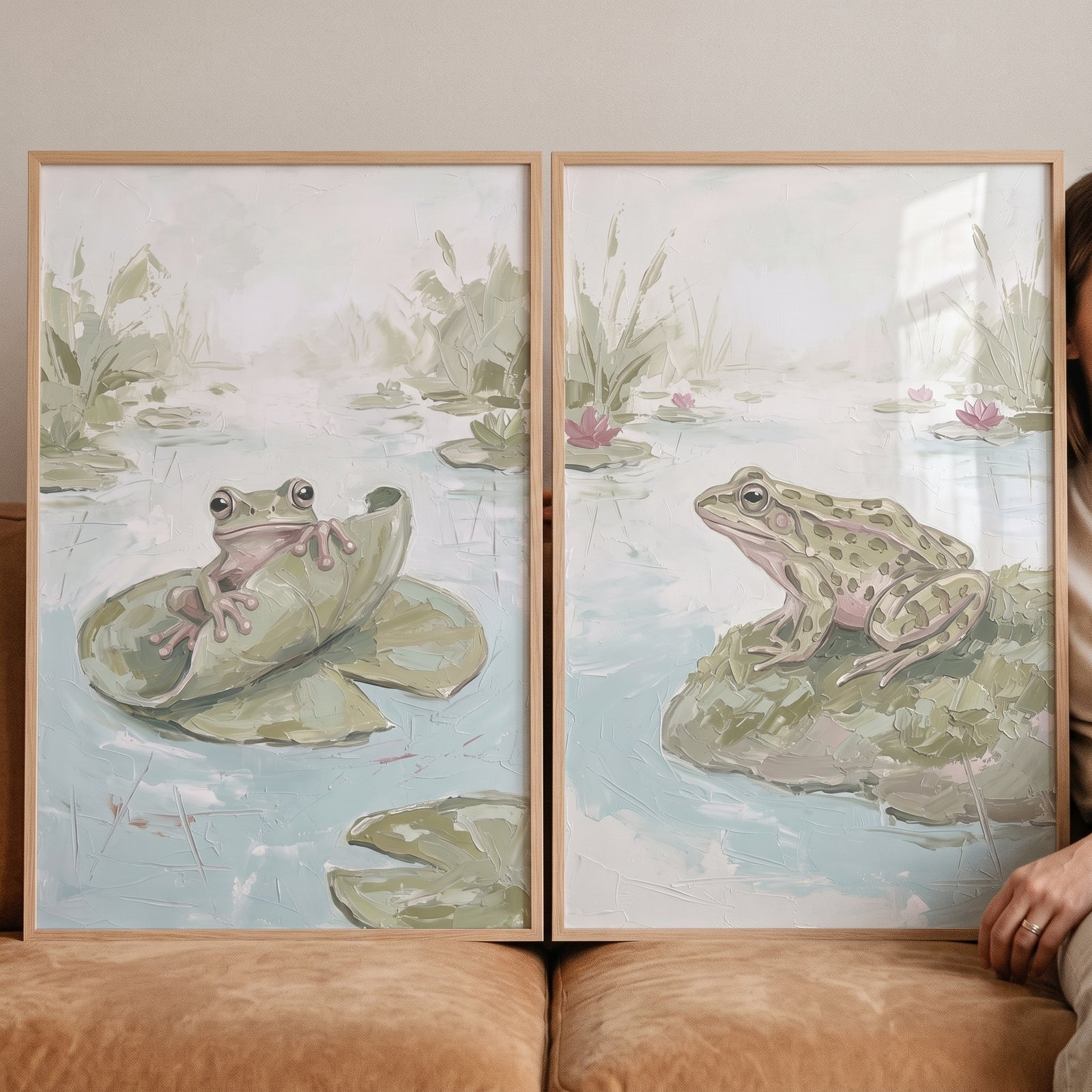 Textured impasto sage pond wall art set of 2 featuring frogs on lily pads and rocks in muted green water.