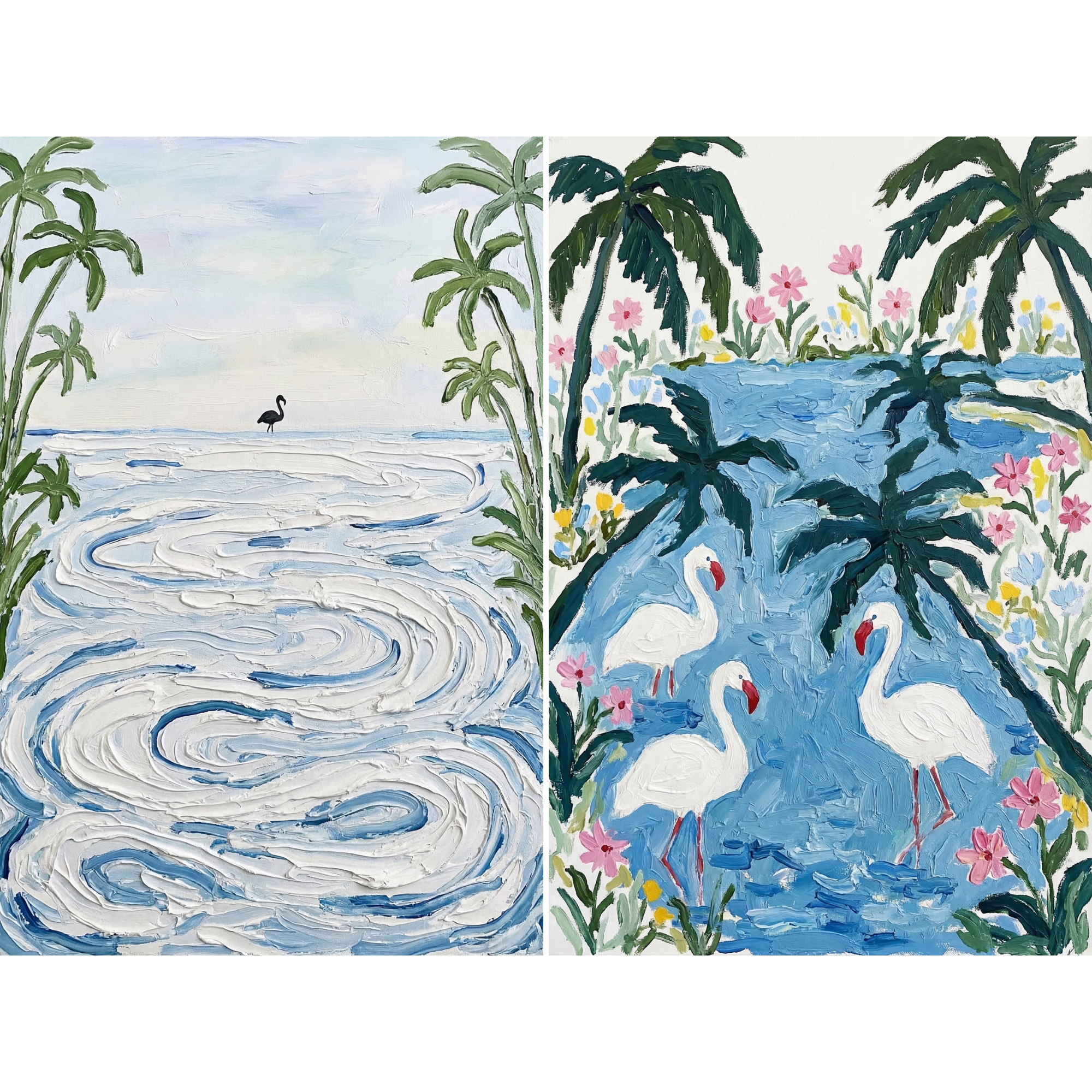 Textured Impasto Tropical Flamingo Wall Art Set of 2 - Tropical Flamingo Oasis