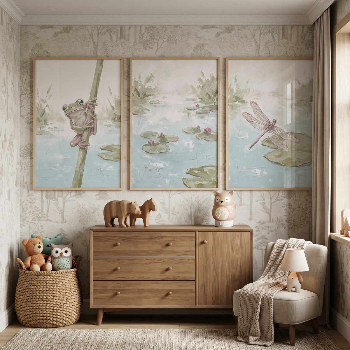 Textured Impasto Style Wetland Pond Wall Art Set Of 3 - Peaceful Lily Pond