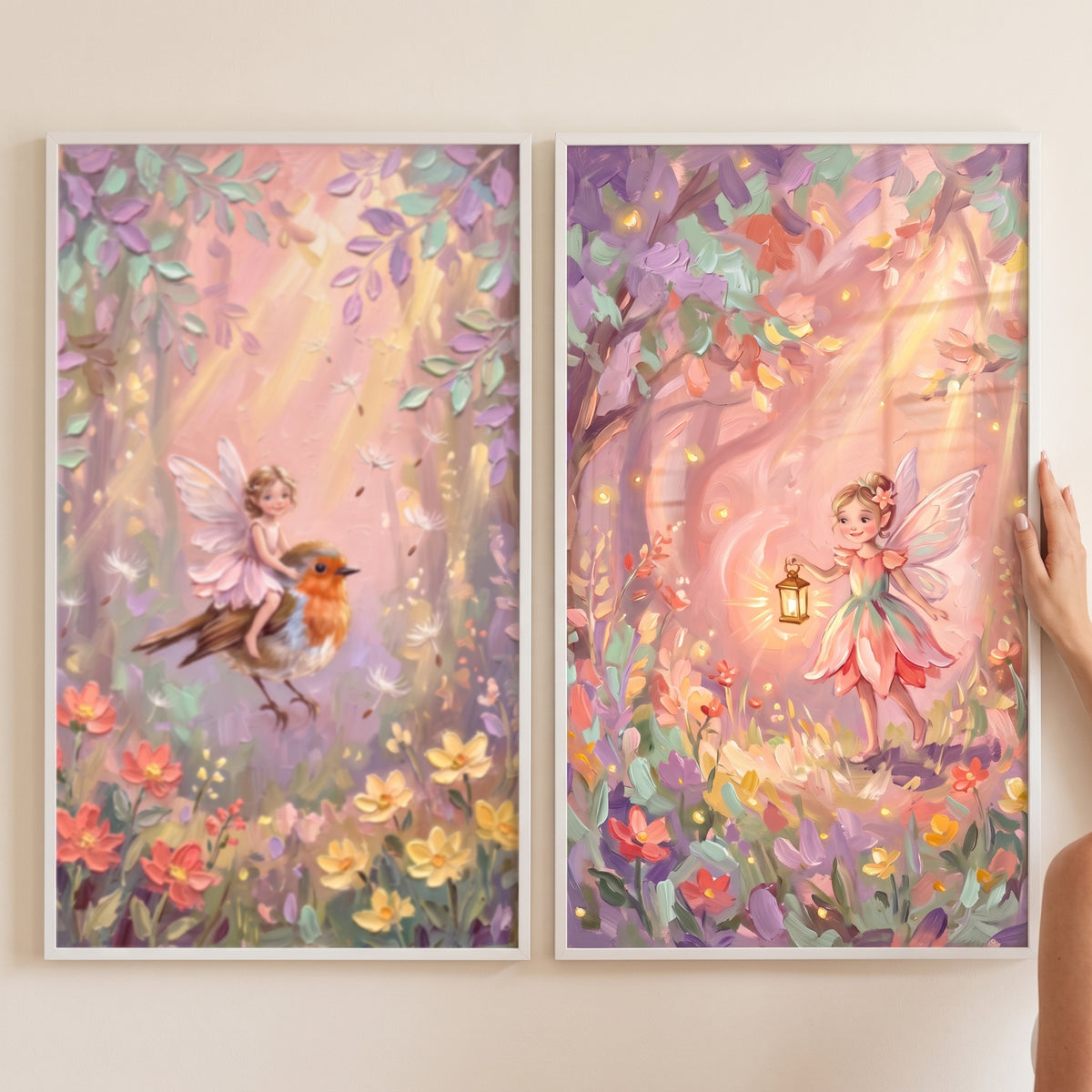 Textured impasto woodland fairy wall art set of 2 featuring a fairy riding a robin and a fairy holding a glowing lantern.