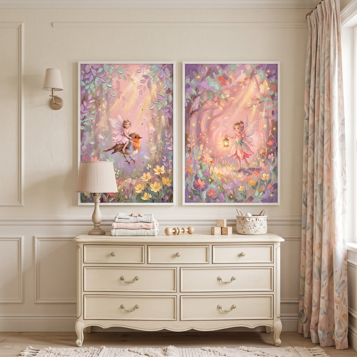 Textured Impasto Woodland Fairy Wall Art Set of 2 - Enchanted Fairy Flight