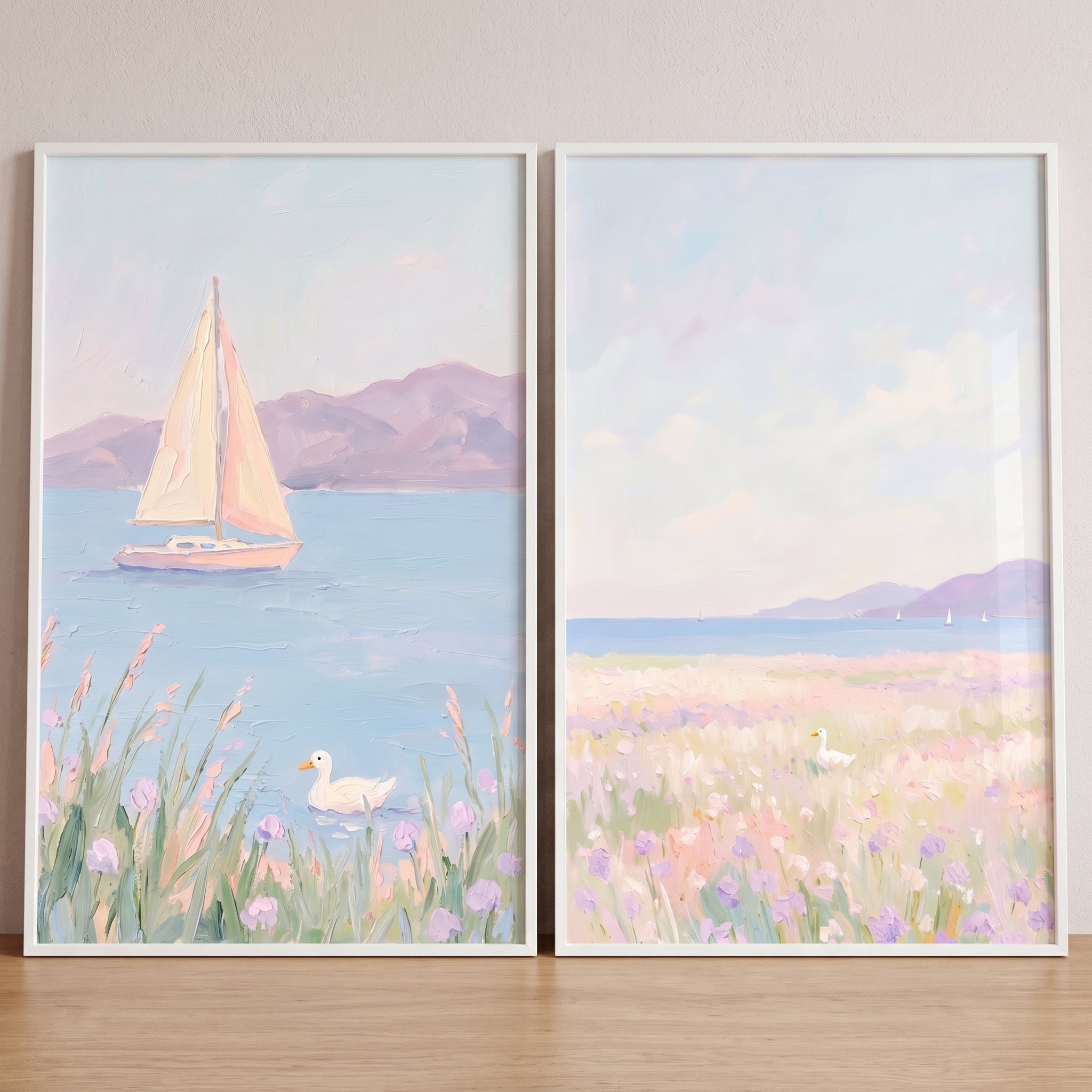 Textured Lilac White Duck Wall Art Set of 2 - Soft Shoreline View