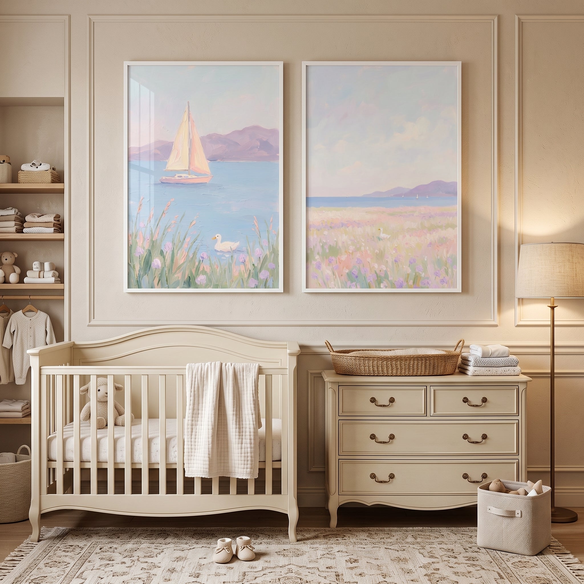 Textured Lilac White Duck Wall Art Set of 2 - Soft Shoreline View