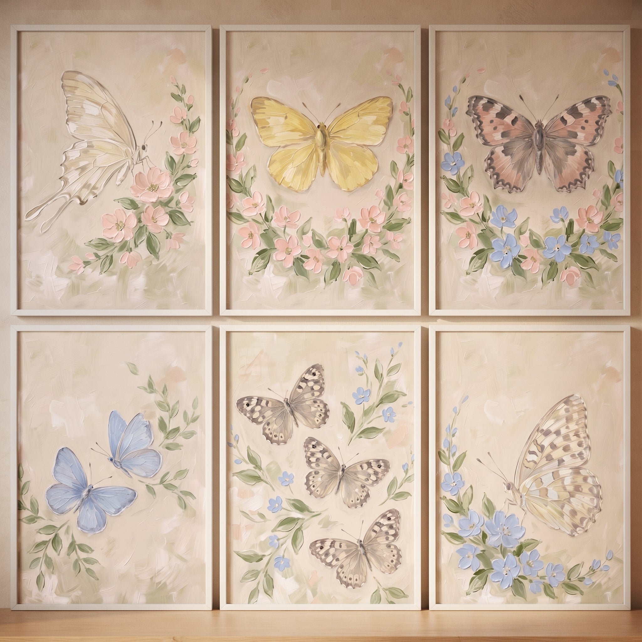 Textured Meadow Floral Butterfly Wall Art Set of 6 - Serene Winged Blooms