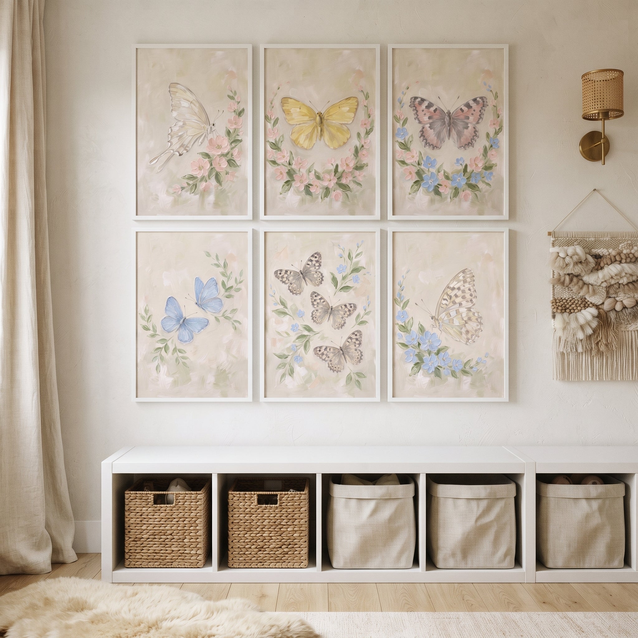 Textured Meadow Floral Butterfly Wall Art Set of 6 - Serene Winged Blooms