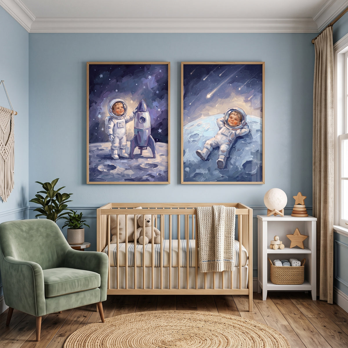 Textured Moon Baby Astronaut Wall Art Set of 2 - Tiny Astronaut Journey