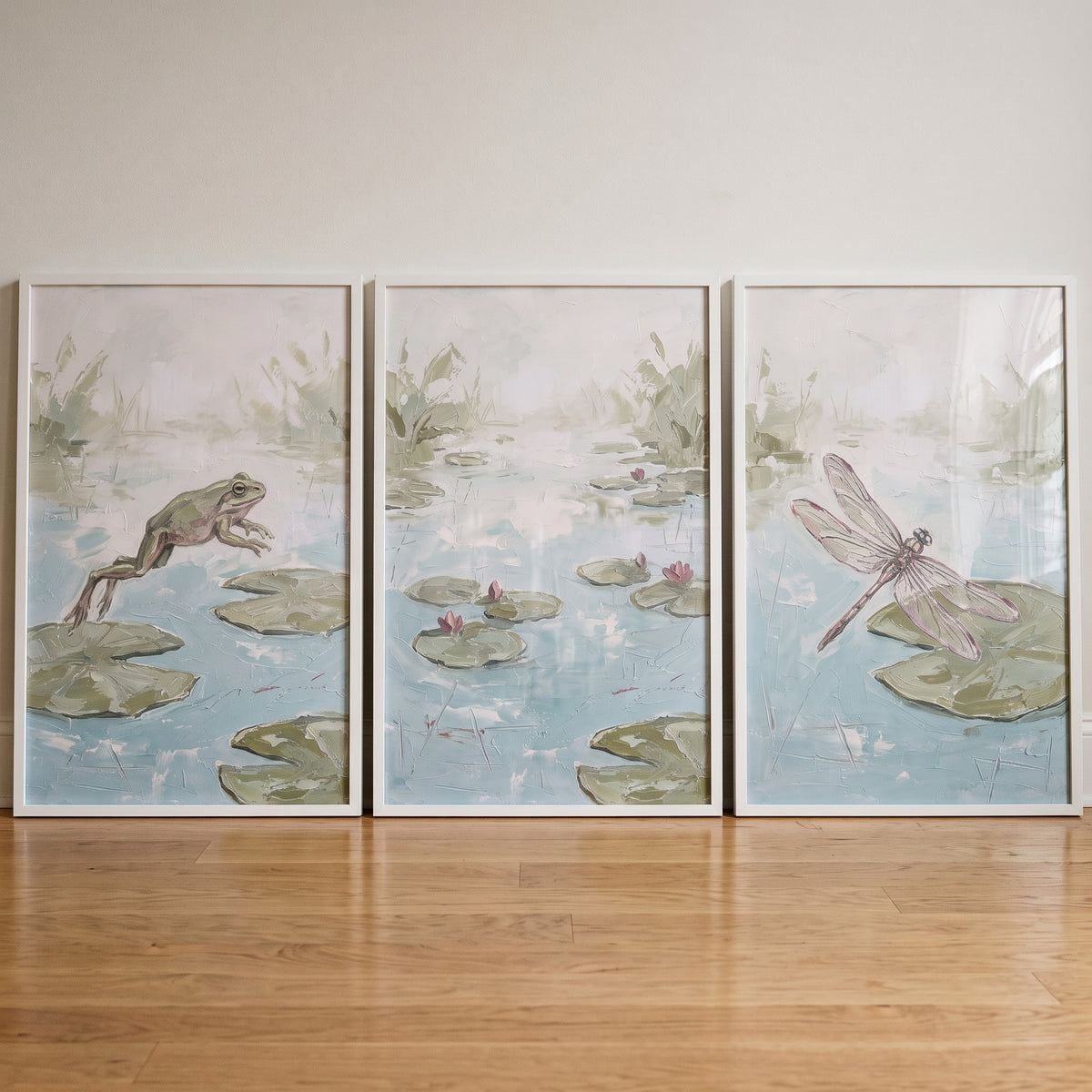 Textured Style Mossy Green Pond Wall Art Set Of 3 - Lily Pad Flight