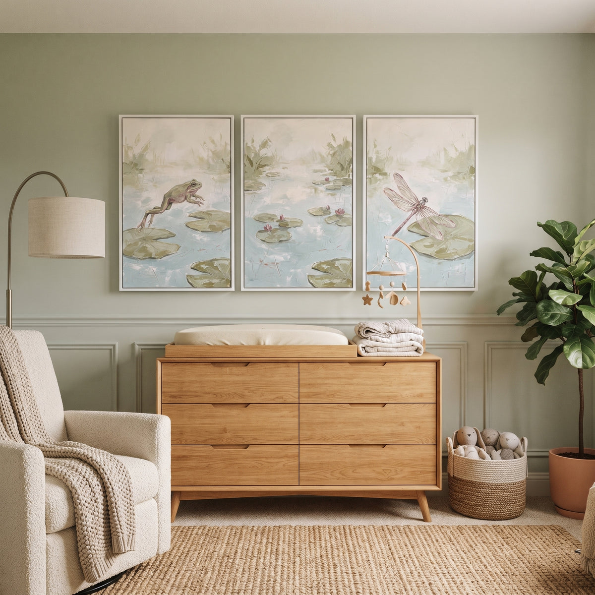 Textured Style Mossy Green Pond Wall Art Set Of 3 - Lily Pad Flight