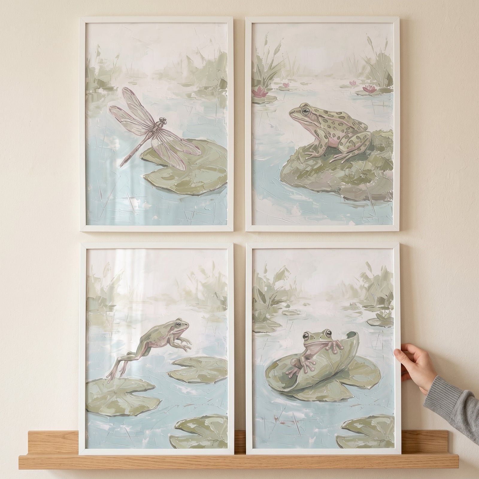 Dragonfly and frog textured mossy pond artwork set of 4. Four framed scenes of pond life in muted green and blue tones.