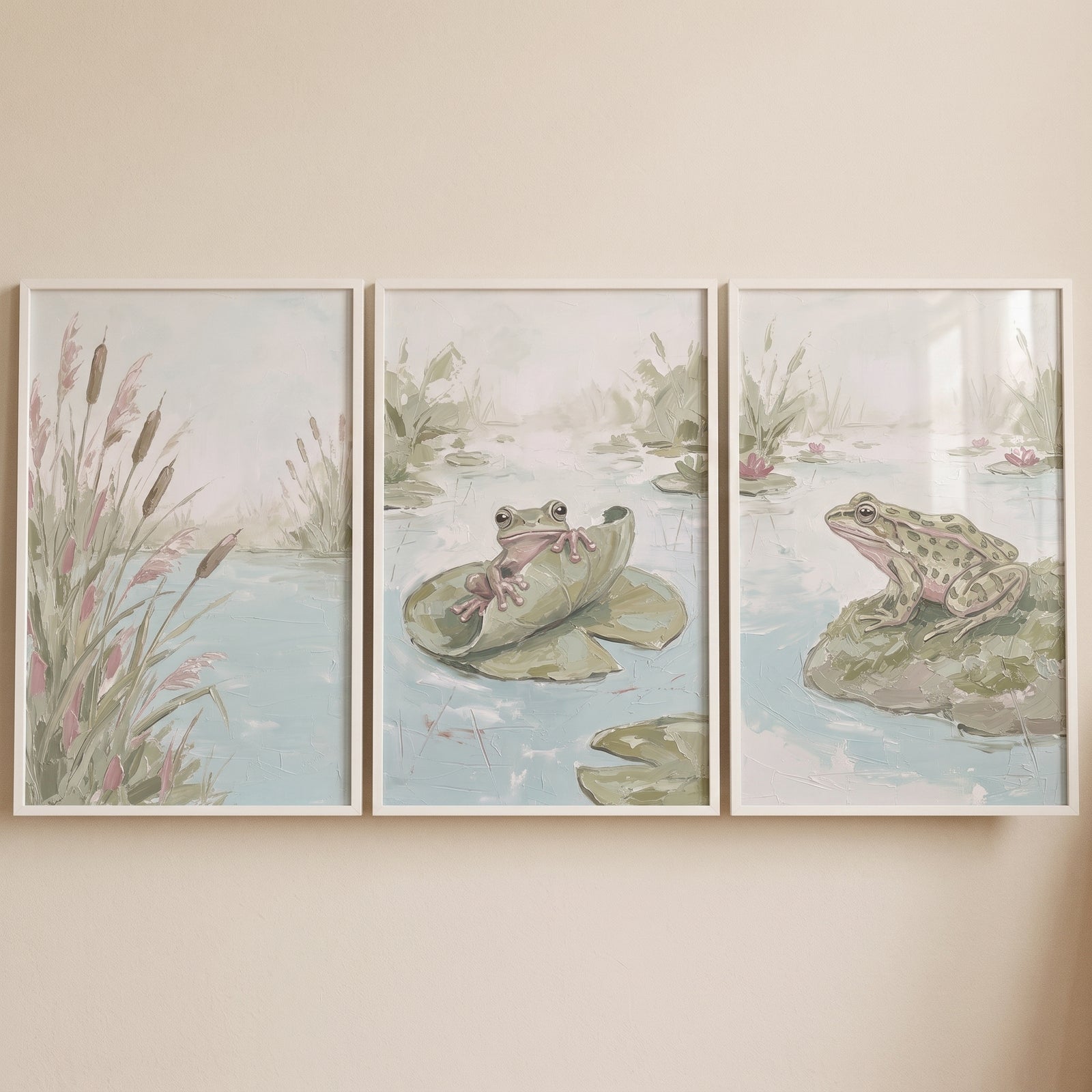 Textured muted pond artwork set of 3 featuring frogs on lily pads and rocks with tall reeds in soft green tones.