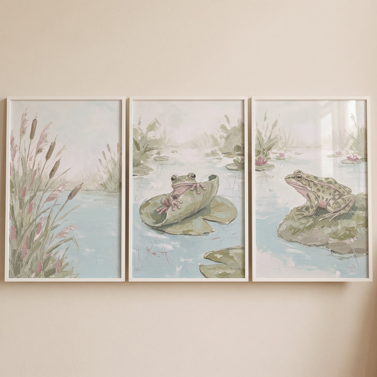 Textured Style Muted Pond Artwork Set Of 3 - Lily Pad Friends