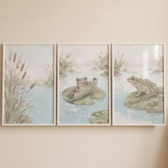 Textured muted pond artwork set of 3 featuring frogs on lily pads and rocks with tall reeds in soft green tones.