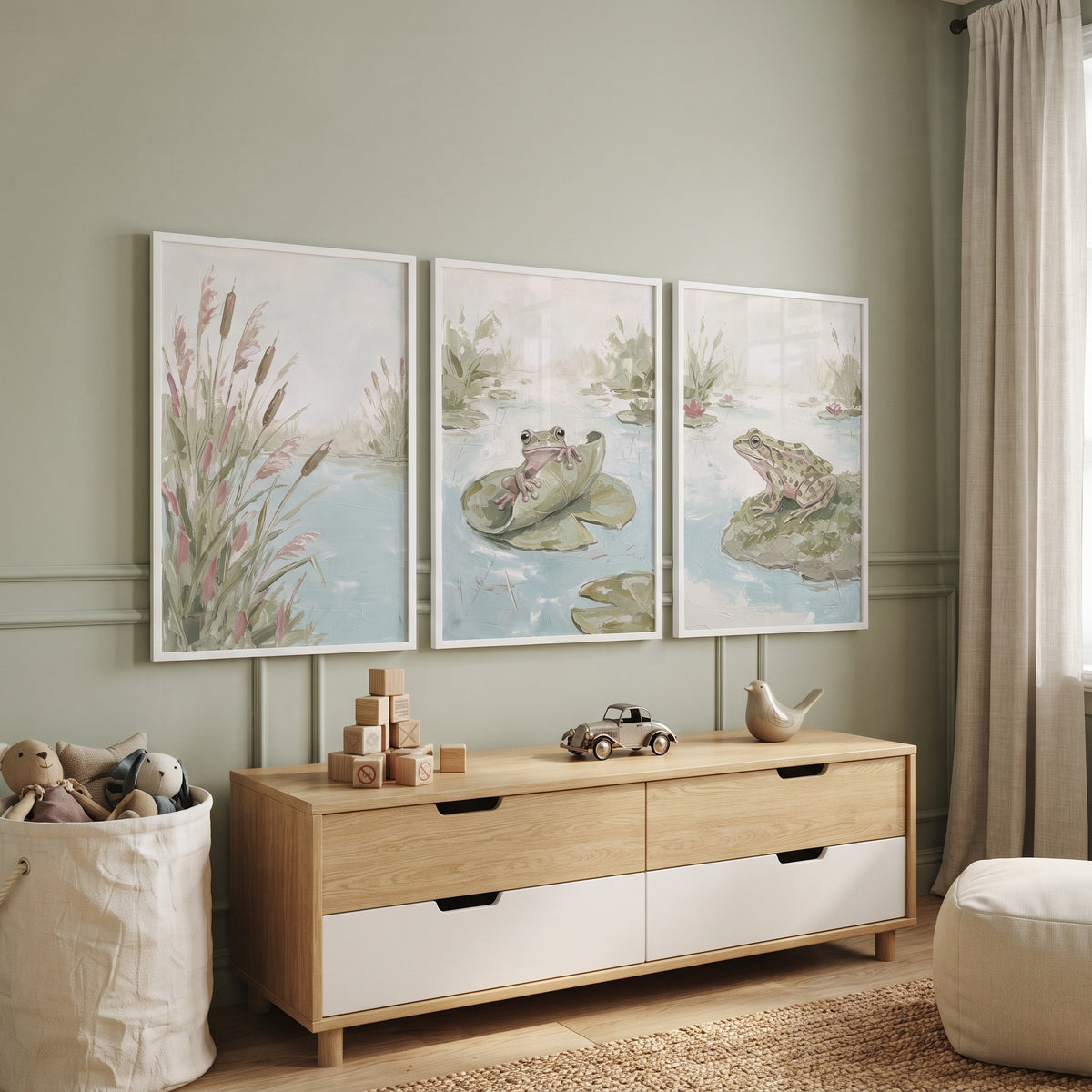 Textured Style Muted Pond Artwork Set Of 3 - Lily Pad Friends