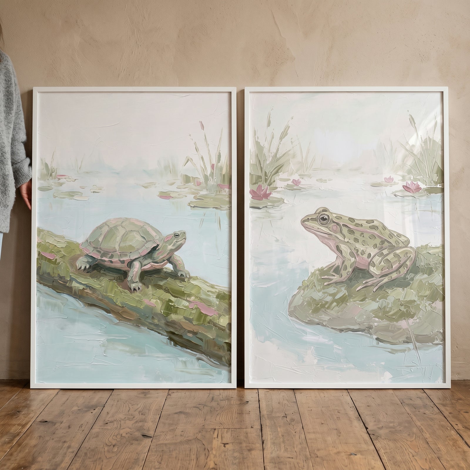 Textured muted wetland animals artwork set of 2 featuring a turtle on a log and a frog on a rock in a calm pond setting.