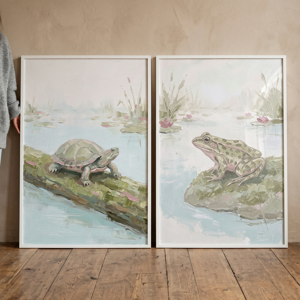 Textured Style Muted Wetland Animals Artwork Set of 2 - Serene Pond Pair