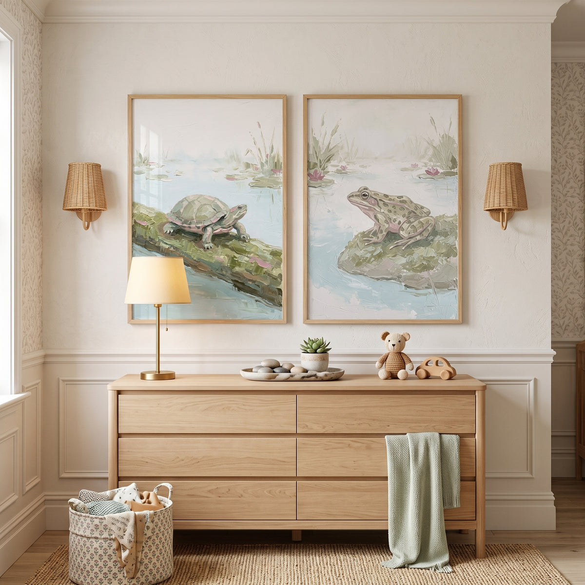 Textured Style Muted Wetland Animals Artwork Set of 2 - Serene Pond Pair