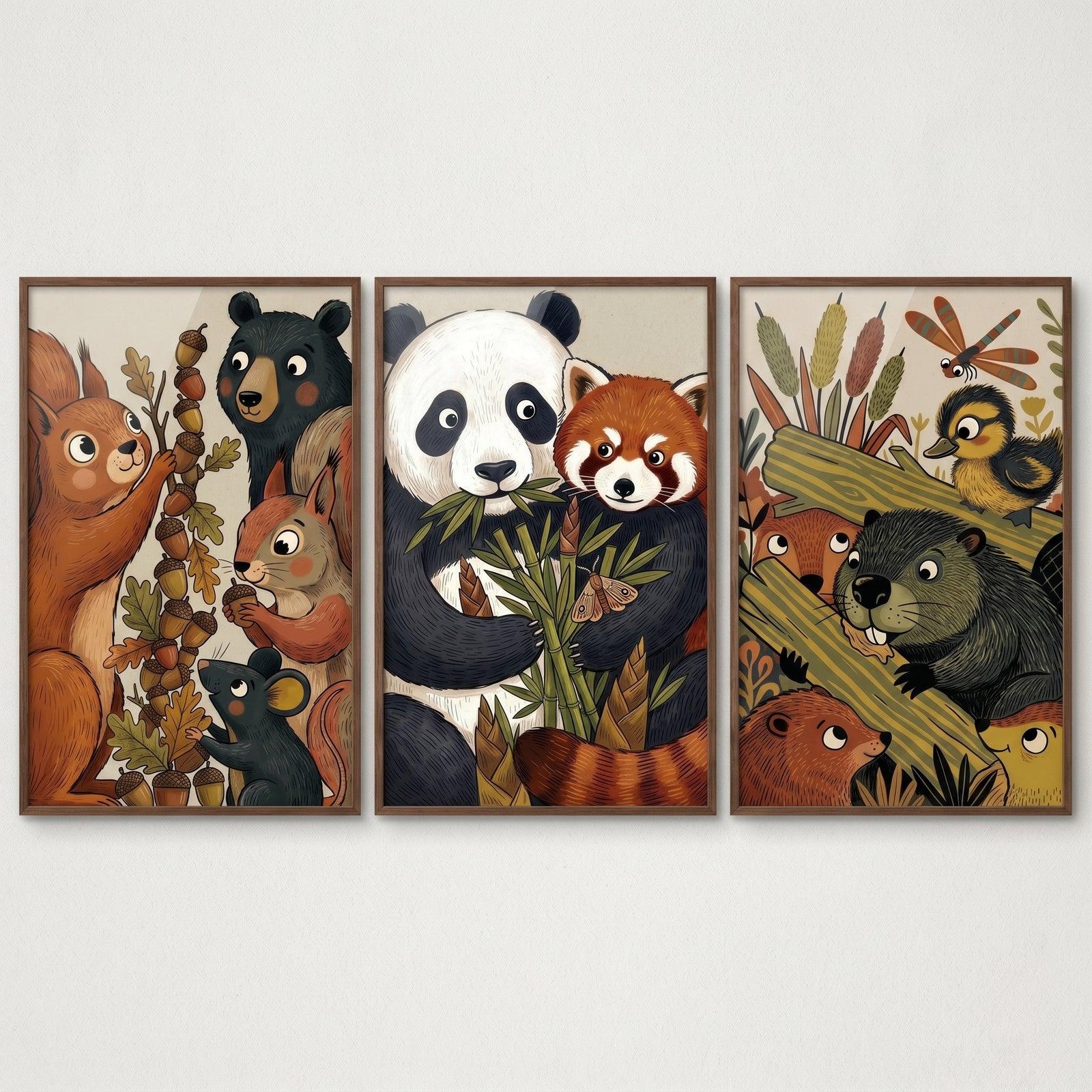 Textured nature woodland animals wall art set of 3 depicts a panda, red panda, bear, squirrels, and beavers in the forest.