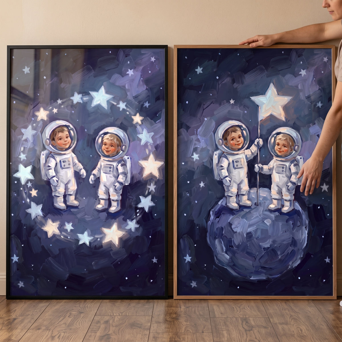 Textured navy baby astronaut wall art set of 2 shows toddlers in space suits in a star circle and on a blue moon.