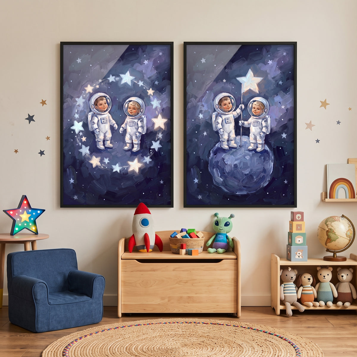 Textured Navy Baby Astronaut Wall Art Set of 2 - Tiny Space Travelers