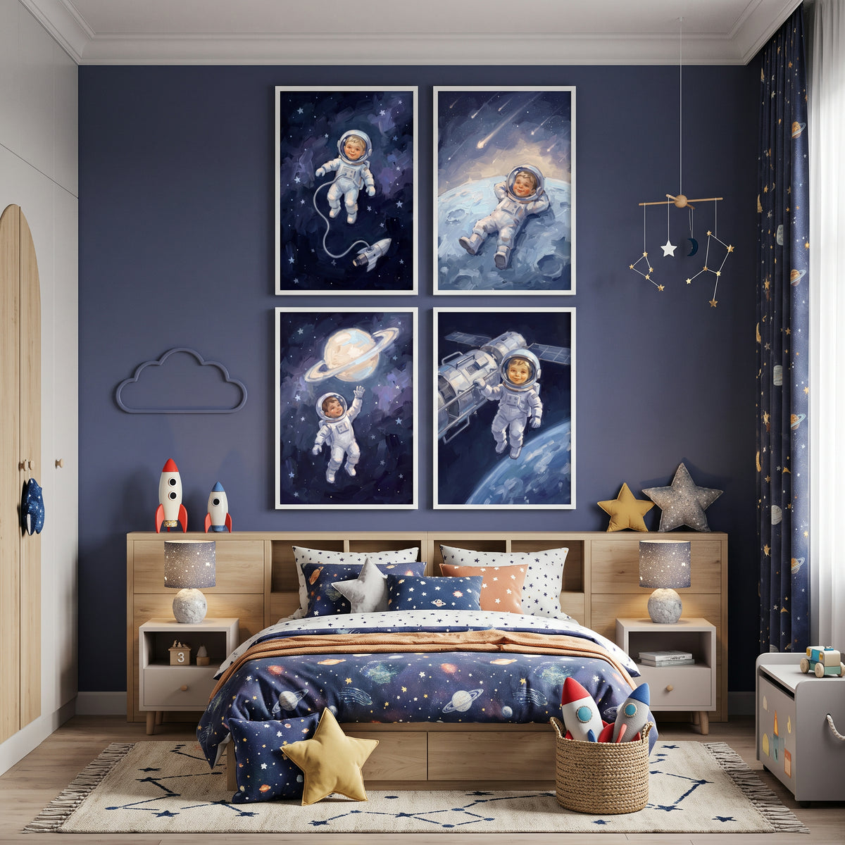 Textured Nebula Baby Astronaut Artwork Set of 4 - Little Space Explorer