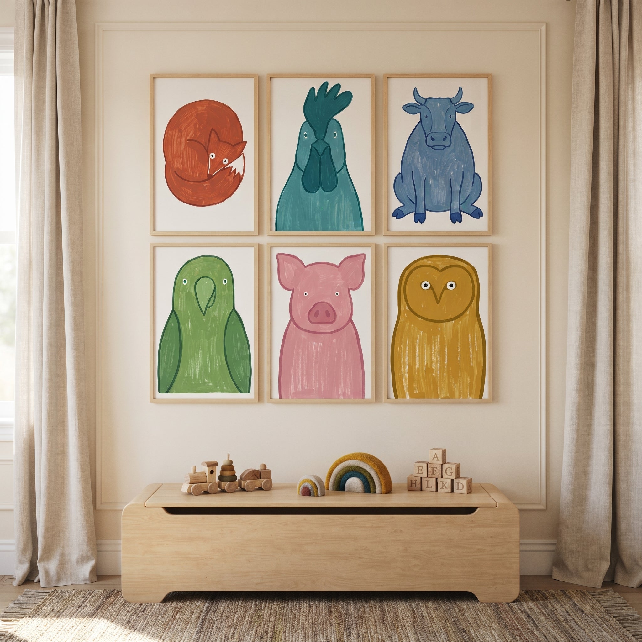 Textured Nursery Animals Artwork Set Of 6 - Whimsical Animal Art