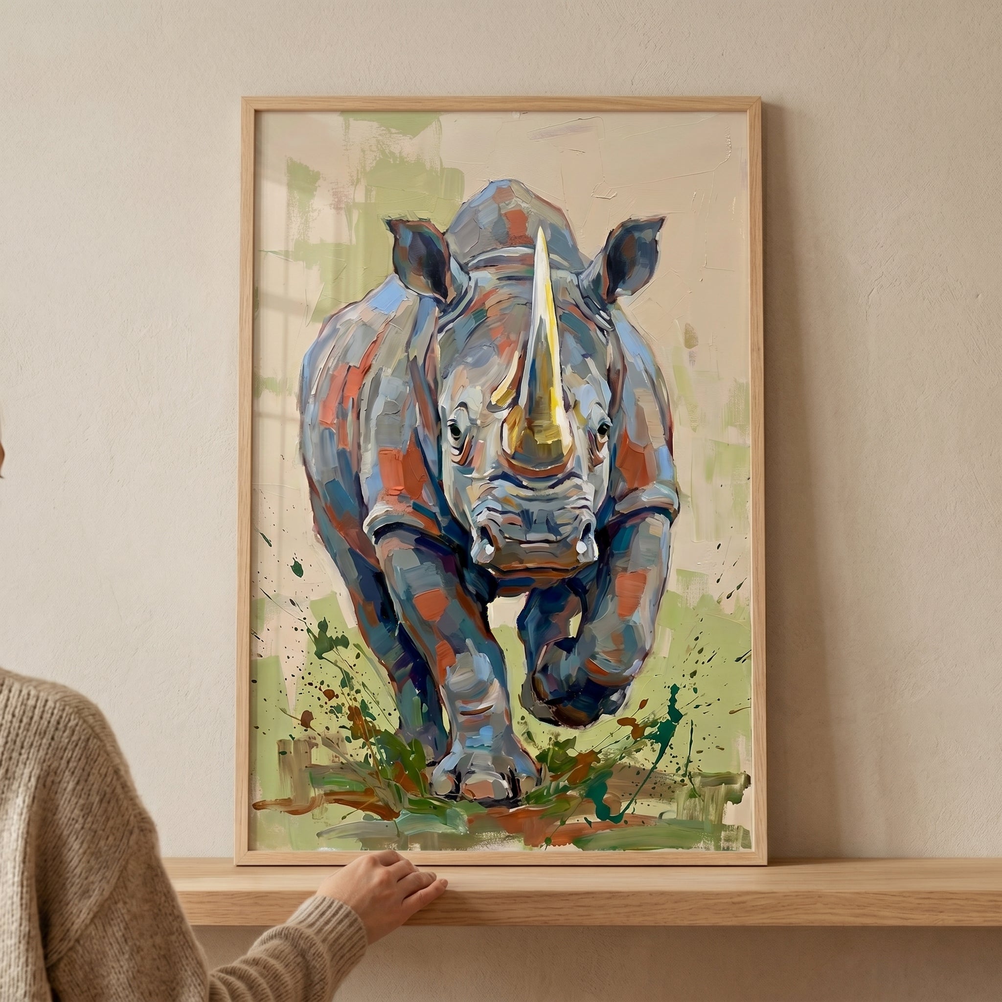 Textured Palette Knife Rhino Artwork - Charging Rhino