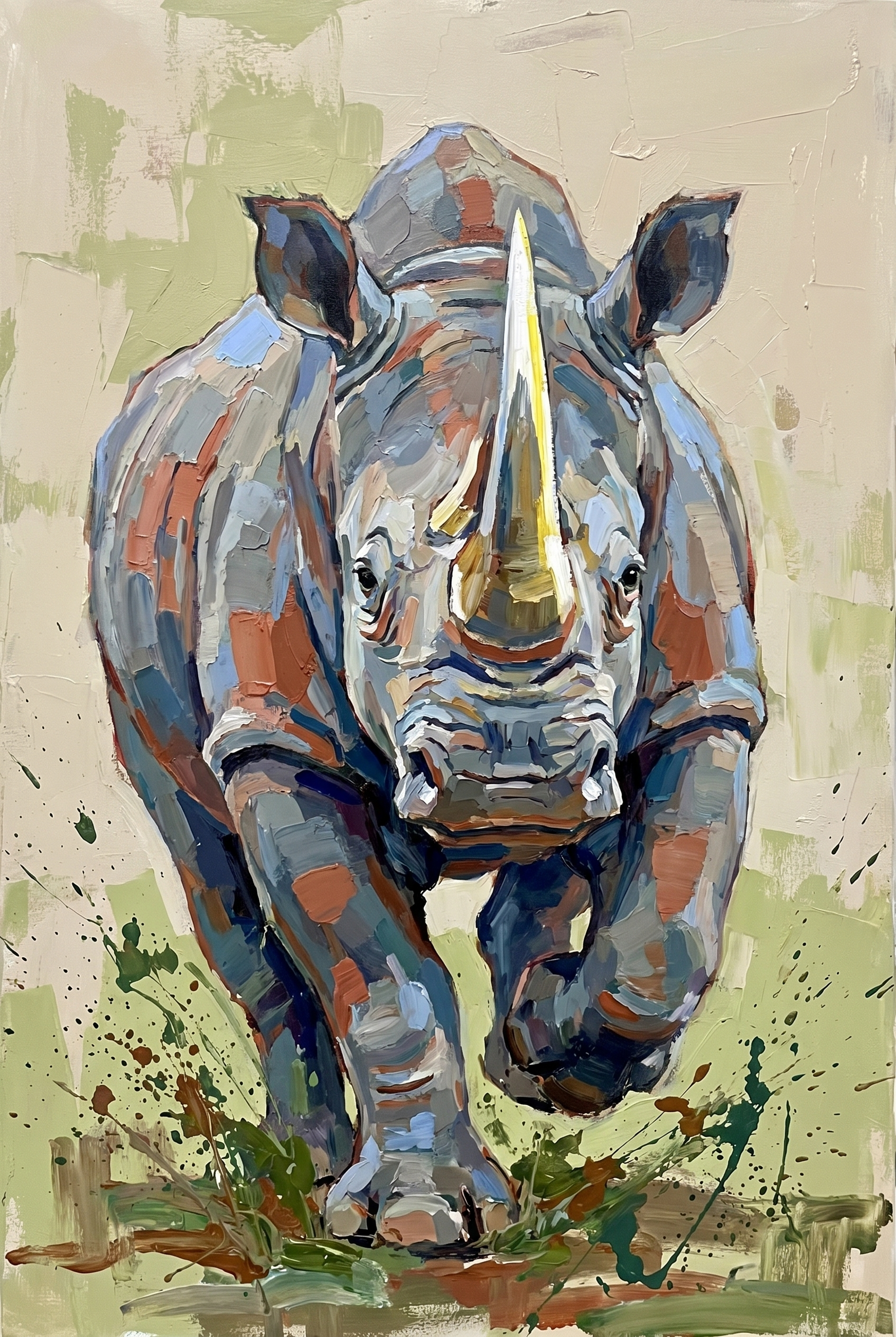 Textured Palette Knife Rhino Artwork - Charging Rhino