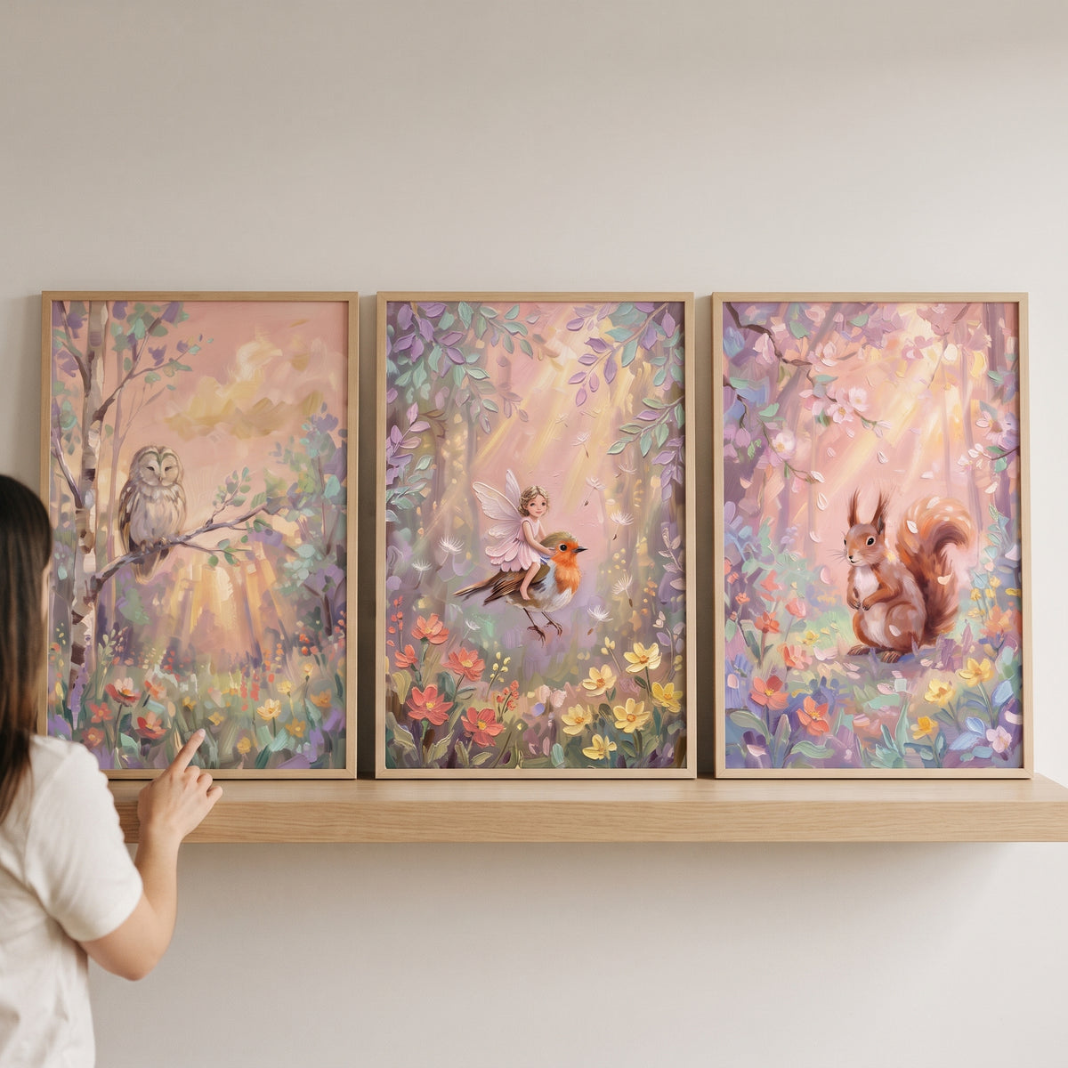Textured Pastel Creatures Woodland Artwork Set of 3 - Enchanted Forest Friends
