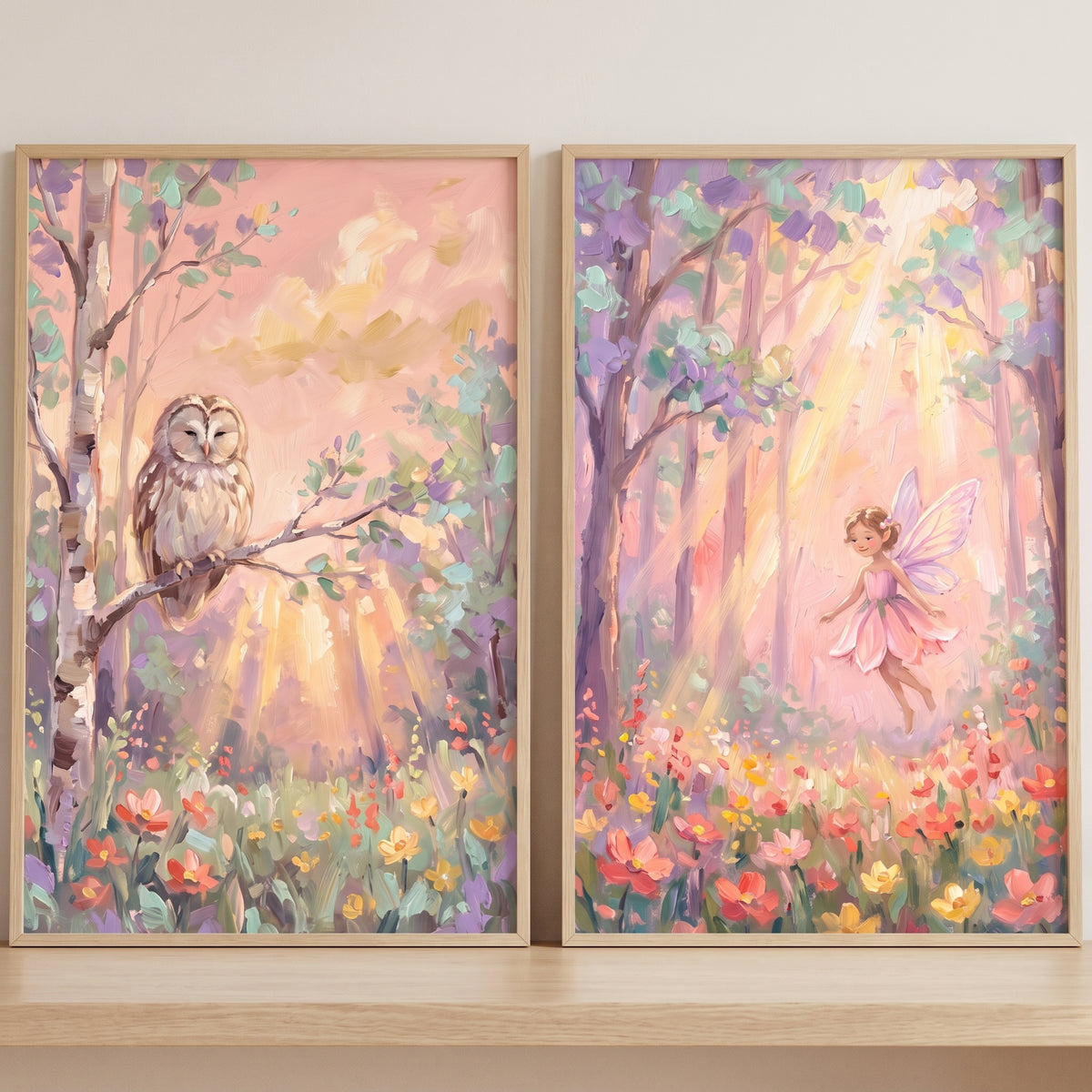 Textured pastel woodland animals wall art set of 2 with an owl and a winged fairy in a sunlit forest of flowers.