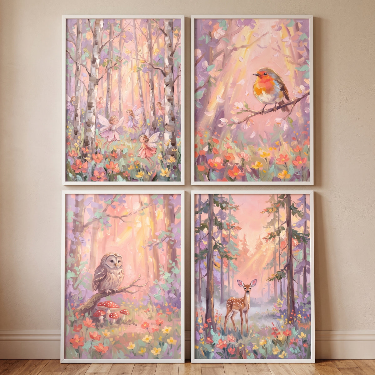 Textured pastel woodland wall art set of 4 featuring fairies, a bird, an owl, and a deer in a soft forest.