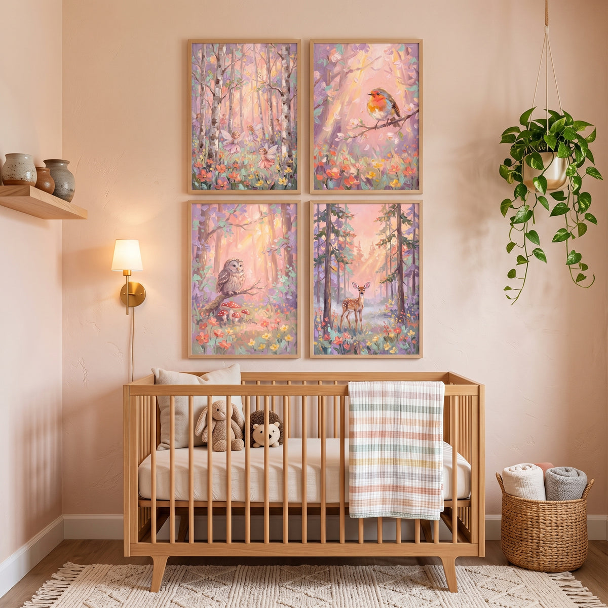 Textured Pastel Woodland Wall Art Set of 4 - Enchanted Forest Dreams