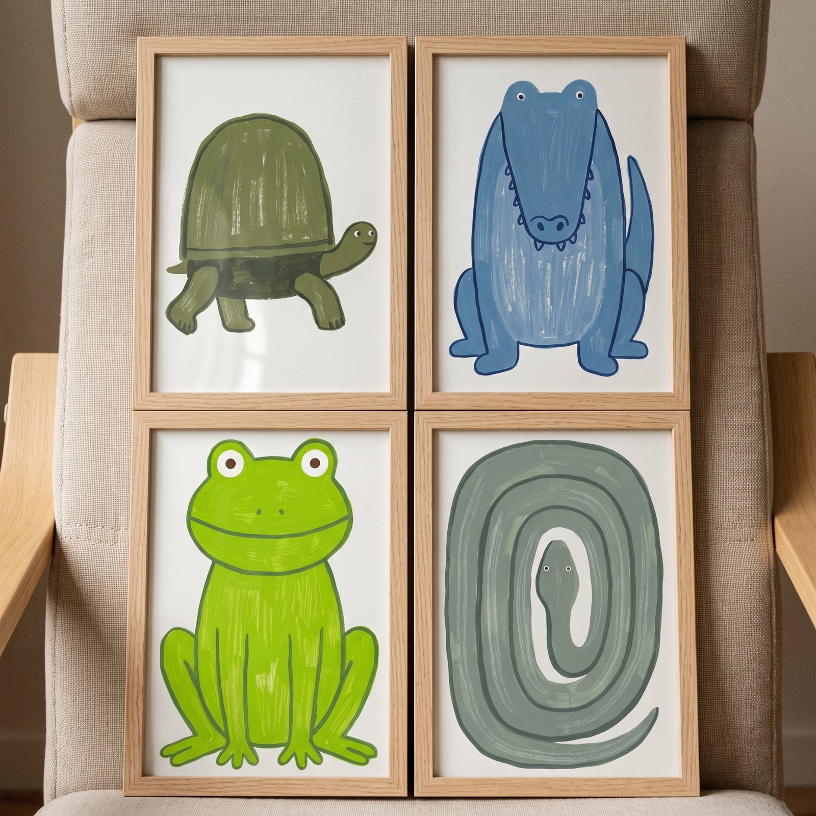Textured reptile animals artwork set of 4 shows a turtle, blue crocodile, green frog, and coiled snake in wood frames.